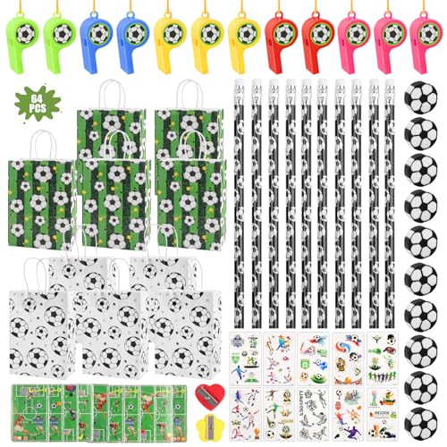64 Stück Fußball Jungen Kindergeburtstag Fußball Set Fussball Geburtstag FußBaller Party Mitgebsel mit Bleistifte Geschenke Radiergummis Pfeife Fußball Flipperspiele Aufkleber, für Jungen Mädchen von YnewL