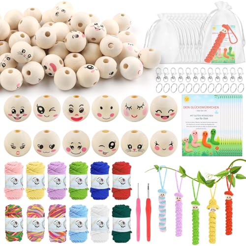 YnewL 122 Stück Sorgenwürmchen Häkeln Set, 60 Holzperlen mit Gesicht 20mm, mit 12 Farben Wolle, Organza Beutel, Schlüsselanhänger und Karten für DIY Glückswürmchen Handwerk Schlüsselanhänger von YnewL