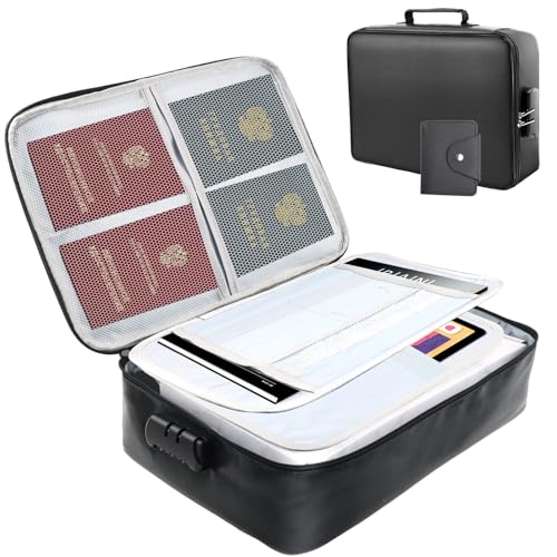 YnewL Feuerfeste Dokumententasche mit Schloss, 2000℉ Feuerfeste Tasche, mit Multi Card Holder ID Ausweishalter, für A4 Dokumente Tragbare Wichtige Dokumente Feuerschutztasche(Schwarz) von YnewL