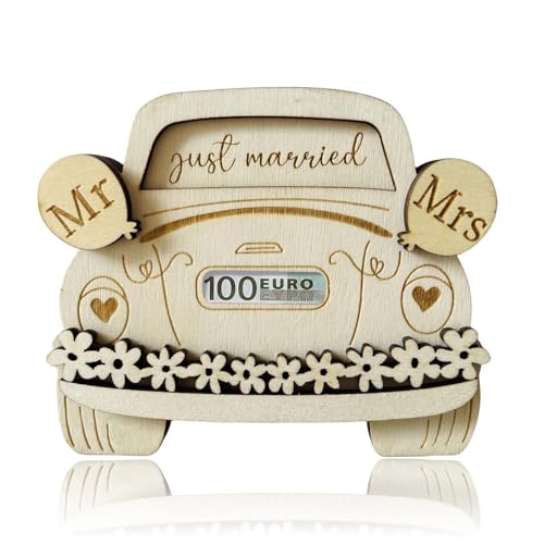 1 PCS Geldgeschenk Hochzeit Geldgeschenke, Personalisiertes Hochzeitsgeschenk für Brautpaar, aus Holz Mr & Mrs Geld Geschenk mit Herz Auto, Geschenke aus Holz für Geburtstag Hochzeit Jubiläum. von Ynkkvre