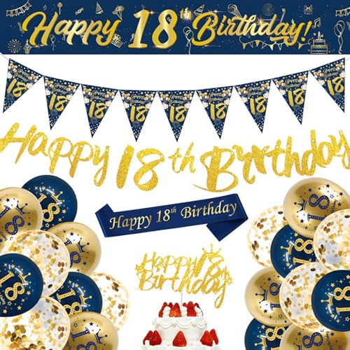 Dekoration zum 18. Geburtstag, Blau / Gold, "Happy 18th Birthday", Banner, 18. Geburtstag, Konfetti-Ballons, Geburtstagsparty-Dekorationen, für Jungen, Mädchen, Partyzubehör Dekoration zum 18. Geburtstag, Blau / Gold, "Happy 18th Birthday", Banner, 18. Geburtstag, Konfetti-Ballons, Geburtstagsparty-Dekorationen, für Jungen, Mädchen, Partyzubehör von Ynkkvre