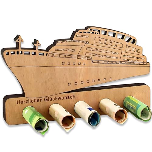 1 Schiffförmiges Geldgeschenk, Stabiles Holzdesign mit 5 Löchern für Kreuzfahrt Geschenk, Reise Themen, Personalisierbare Segensworte, Ideal für Geburtstage & Hochzeiten von Ynkkvre