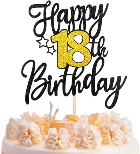 Tortenaufsatz "Happy 18th Birthday", 1 Stück, schwarz und goldfarben, glitzernde Kuchendekoration, Geburtstags-Cupcake-Topper für Prost bis 18 Jahre, lustige Party-Kuchendekorationen Tortenaufsatz "Happy 18th Birthday", 1 Stück, schwarz und goldfarben, glitzernde Kuchendekoration, Geburtstags-Cupcake-Topper für Prost bis 18 Jahre, lustige Party-Kuchendekorationen von Ynkkvre