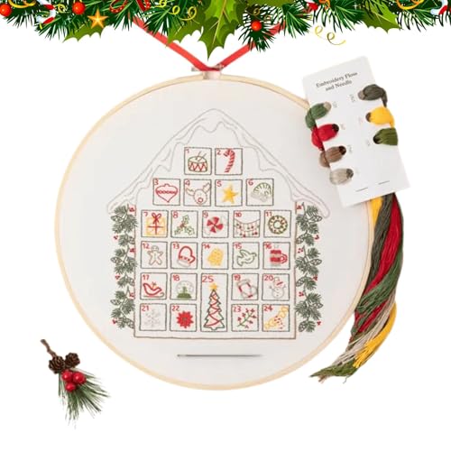 Weihnachten Stickerei-Sets für Erwachsene,Weihnachten Stickmuster,Stickerei Ornament Kit Draht und Bogen - Handgemachte schneebedeckte Hausnähte Handwerk für 25 Tage Countdown von Ynnhik