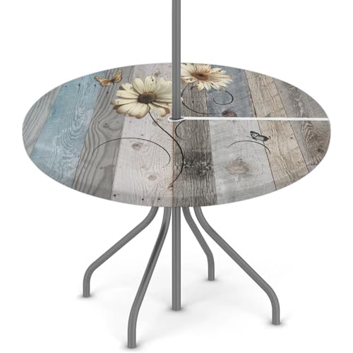 YoCosy Outdoor-Tischdecke mit Schirmloch, wasserdicht, mit Reißverschluss, Terrassentischdecken, elastisch, rund, Polyester-Tischdecke für Picknick, Frühling, Sommer, passend für 114,3–142,2 cm von YoCosy