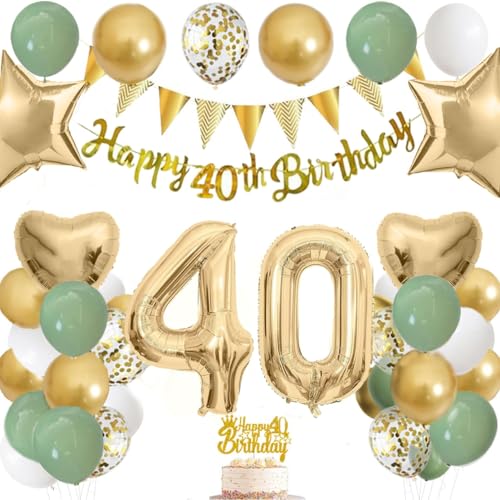40 Geburtstag Deko für Frauen Männer Grün Gold Party Supplies Set mit Banner, 40 Zoll Folienballons, Cake Topper & Latex Ballons Happy Birthday Wimpelkette Konfetti Luftballons 40 Geburtstag Deko für Frauen Männer Grün Gold Party Supplies Set mit Banner, 40 Zoll Folienballons, Cake Topper & Latex Ballons Happy Birthday Wimpelkette Konfetti Luftballons von YoParty