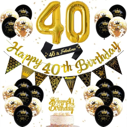 40 Geburtstag Dekorationen für Frauen Männer - Schwarz Gold Party Supplies mit Happy Birthday Banner, 32 Zoll Gold Zahlenballons, Konfetti Luftballons, Schärpe, Cake Topper & Dreieck Wimpelkette von YoParty