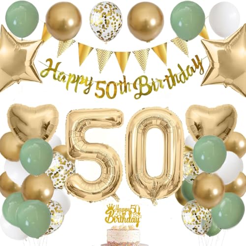 50 Geburtstag Dekorationen für Frauen Männer Grün Gold Party Supplies Set mit Banner, 101,6 cm Folienballons, Cake Topper & Latex Ballons - Happy 50th Birthday Wimpelkette & Konfetti Ballon 50 Geburtstag Dekorationen für Frauen Männer Grün Gold Party Supplies Set mit Banner, 101,6 cm Folienballons, Cake Topper & Latex Ballons - Happy 50th Birthday Wimpelkette & Konfetti Ballon von YoParty