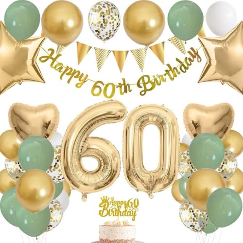 60 Geburtstag Dekorationen für Frauen Männer Grün Gold Party Supplies Set mit Banner, 40 Zoll Folienballons, Cake Topper & Latex Ballons - Happy 60th Birthday Wimpelkette & Konfetti Luftballons 60 Geburtstag Dekorationen für Frauen Männer Grün Gold Party Supplies Set mit Banner, 40 Zoll Folienballons, Cake Topper & Latex Ballons - Happy 60th Birthday Wimpelkette & Konfetti Luftballons von YoParty