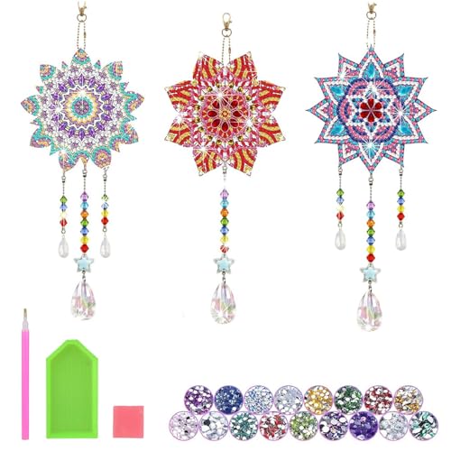 3 Stück Diamond Painting Sets Mandala Diamond Painting Anhänger Diamond Painting Sonnenfänger Kristalle Windspiel Basteln Kristall Anhänger Hängender Ornament Fensterdeko von Yoaeyok