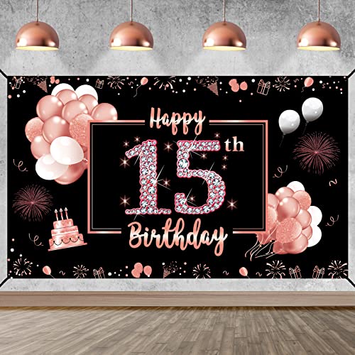 15. Geburtstag Dekorationen Banner Hintergrund für Mädchen, Rose Gold Happy 15 Birthday Hintergrund Schild Party Supplies, Sweet 15 Year Old Birthday Poster Decor von Yoaokiy