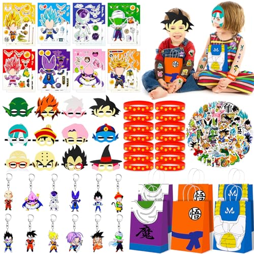 Yoazroan 110 Stück Goku Kindergeburtstag Party Mitgebsel 12 Geschenktüten+12 maske+band + Schlüsselanhänger + Diy Aufkleber + Aufkleber für Kinder Jungs Thema Geburtstagsfeier Gefälligkeiten. von Yoazroan