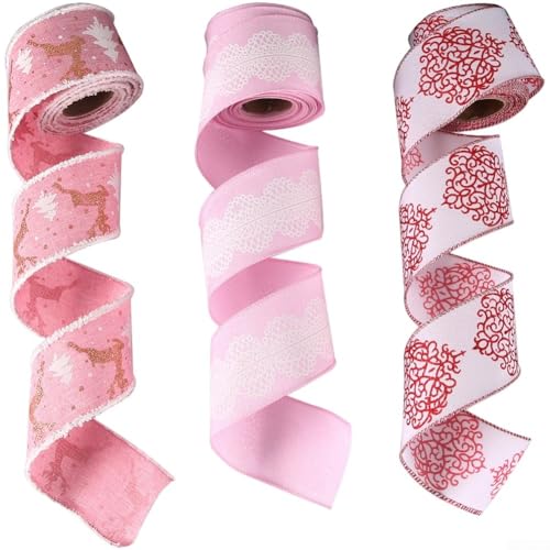 Leinen-Drahtband-Set, Weihnachtsbaumschmuck, Festival, Basteln, Rosa, 3 Designs, reißfest, flexibler Rand, Geschenkverpackung, Hochzeit, Party, DIY-Projekte, 6,5 cm x 2 m von YobiLife