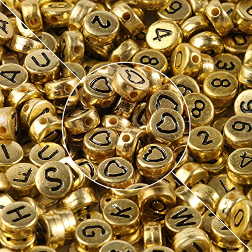 Yochus 1000 Stück Gold gemischte runde Acrylperlen 4 x 7 mm schwarze Alphabet-Zahlenperlen in Herzform Perlen für Schmuckherstellung und DIY-Armbänder von Yochus