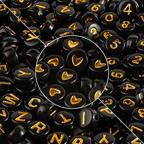 Yochus 1000 Stück schwarze gemischte runde Acrylperlen 4 x 7 mm Gold Alphabet Zahlen Perlen Herzform Perlen für Schmuckherstellung und DIY-Armbänder von Yochus