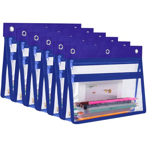 YoeeJob Bleistifttaschen mit Reißverschluss für 3-Ringordner, 3,8 cm, erweiterbar mit 2 Taschen und transparentem Fenster für Schule und Büro, 6 Stück (blau) von YoeeJob