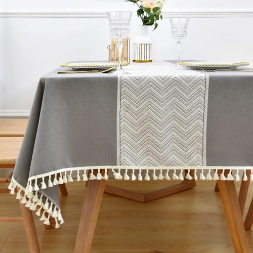 Yofori Tischdecke Abwaschbar, Grau Tischdecke Baumwolle Polyester Mischgewebe Boho Tischdecke BüGelfrei Tischtuch Quadratisch Tischdeko für Esstisch, Hochzeit, Outdoor (Grau, 135 x 135 cm) von Yofori