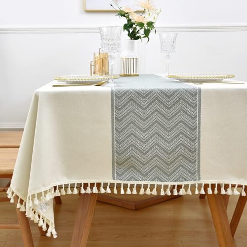Yofori Tischdecke Abwaschbar, Weiß Tischdecke Baumwolle Polyester Mischgewebe Boho Tischdecke BüGelfrei Tischtuch Quadratisch Tischdeko für Esstisch, Hochzeit, Outdoor (Weiß, 135 x 135 cm) von Yofori