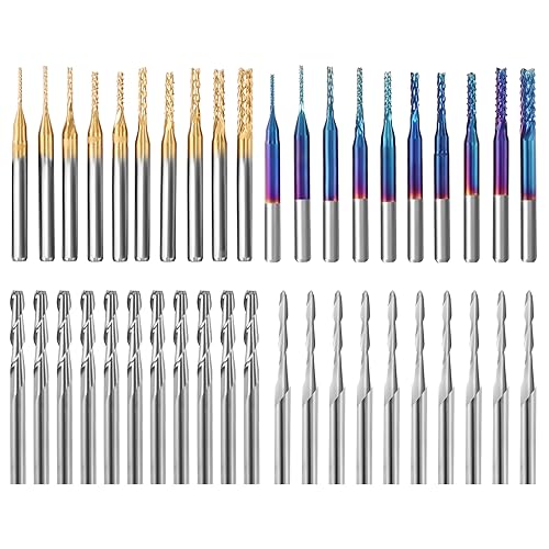 YOFULY CNC Fräser 3.175mm Schaft, 40pcs End Mills CNC Router Bits, 1/8 "Shank CNC Cutter Fräsen Carving Bit Set einschließlich 2-Flute Flat Nose & Ball Nose End Mill, Nano Blue Coat & Titanium Coat von Yofuly