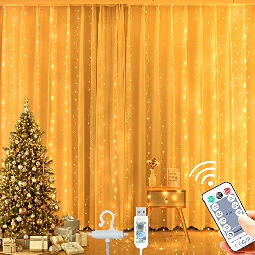 Yogle Lichtervorhang, 3x2M 300 LEDs USB Lichterkette Vorhang 10 Helligkeit 8 Modi mit 15 Haken Fernbedienung und Timer, Lichterkette Gardine für Weihnachten Wand Zimmer Innen Außen Deko von Yogle