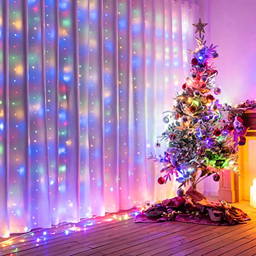 Yogle Lichtervorhang Bunt, 3x2M 300 LEDs USB Lichterkette Vorhang 10 Helligkeit 8 Modi mit 15 Haken Fernbedienung und Timer, Lichterkette Gardine für Weihnachten Zimmer Innen Außen Deko von Yogle