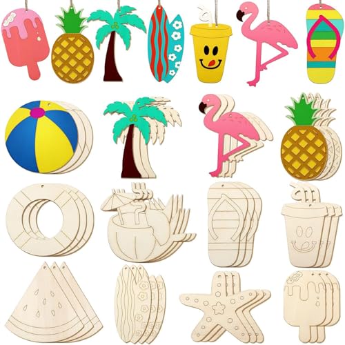 Yohuork 36 Stück Hängedeko Holz Sommer, Strand Holzscheiben mit Schnur, Baumschmuck Sommer, Hawaii Deko Holz, Hawaii Party Deko für Hawaii Sommerparty Tropische Dekorationen von Yohuork