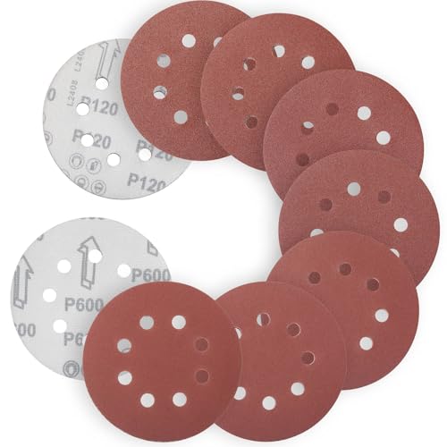 YoiYee Schleifscheiben 125mm (35er-Pack) - P120-P600 Körnung, 8 Loch Haken & Haken Scheiben für Exzenterschleifer - mittel- bis sehr feines Aluminiumoxid von YoiYee