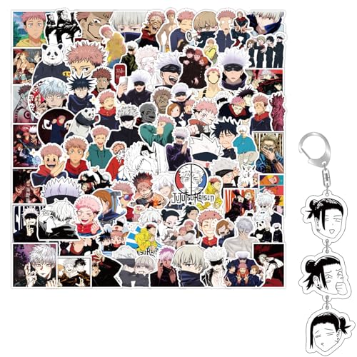 100 Anime Aufkleber mit 1 Schlüsselanhänger, Cartoon-Aufkleber, wasserdichte Vinyl-Aufkleber, für Scrapbooking Laptop Flasche, niedlicher Anime-Schlüsselanhänger, Anhänger für Rucksackzubehör Tasche von Yoimckay