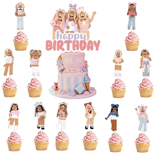 13PCS Tortendeko Kindergeburtstag, Rosa Tortendeko, Cartoons Theme Kuchen Deko, Anime Cake Topper Party Dekoration für Geburtstagsdeko Jungen Mädchen von Yoimckay