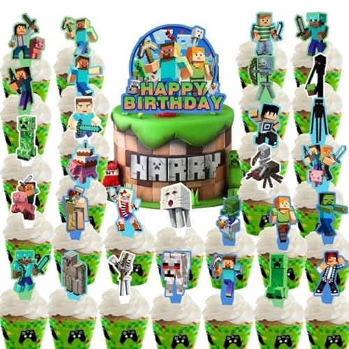 30 Stück Miner Dekoration Kuchen Geburtstag, Pixel Kuchen-Topper, Pixel Dekoration Geburtstag, Miner Dekoration, Kuchen, Deko Geburtstag Cupcake, Party Supplies Jungen Mädchen Dekoration Erwachsene von Yoimckay