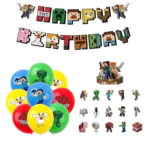 37 Pcs Miner Geburtstag Deko, Videospiel Geburtstags Dekoration, mit Luftballons, Banner, Tortenaufleger, Cupcake Topper, Gamer Spielthema geburtstag Party Deko, Pixel Kindergeburtstag deko Jungen 37 Pcs Miner Geburtstag Deko, Videospiel Geburtstags Dekoration, mit Luftballons, Banner, Tortenaufleger, Cupcake Topper, Gamer Spielthema geburtstag Party Deko, Pixel Kindergeburtstag deko Jungen von Yoimckay