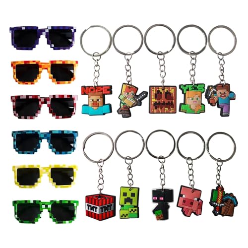 6 Paar Mosaik-Sonnenbrillen Pixel bunt mit 10 Cartoon-Schlüsselanhängern, niedlicher Schlüsselanhänger, Spielzeug, Gadgets, Geburtstagsfeier, für Cosplay, Treffen von Freunden, Partys von Yoimckay