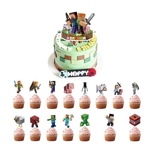 Yoimckay 16-teiliges Pixel Happy Birthday Tortendeko, Cake Topper Geburtstag, Geburtstagsdeko Kinder, Cake Topper, Happy Birthday kindergeburtstag deko Cartoon, party deko geburtstag, Mädchen, Jungen von Yoimckay