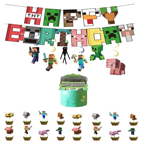 Yoimckay 19 Stück Dekoration zum Geburtstag, Banner Happy Birthday, Pixel Cake Topper, Cartoon Geburtstag, Dekoration, Partyzubehör zum Thema des Spiels, für Jungen und Mädchen von Yoimckay