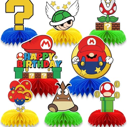 Yoimckay 8 Stück Geburtstagsparty-Zubehör für Mario, Happy Birthday, Dekoration, Tischdeko mit Wabenmuster, Super Brother, 3D-Tischdekoration zum Thema Super Brother von Yoimckay