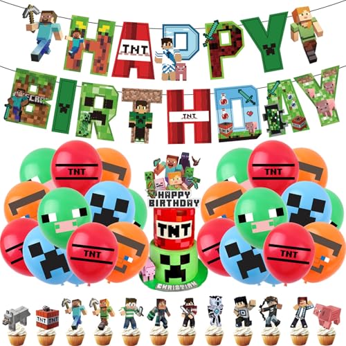 Yoimckay Geburtstagsdeko Spiel Junge Mädchen, Geburtstag Deko für Videospiele Party Dekoration Set Enthält Pixel Kindergeburtstag Deko mit Farbige Luftballons, Cupcake Topper von Yoimckay