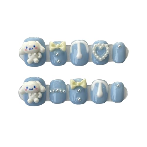 Yoimckay Kawaii Fake Nails, handgemachte kurze runde Nagelspitzen zum Auftragen in Blau Weiß mit 3D-Design, Nagel-Art-Dekoration, Zubehör, für Frauen und Mädchen Yoimckay Kawaii Fake Nails, handgemachte kurze runde Nagelspitzen zum Auftragen in Blau Weiß mit 3D-Design, Nagel-Art-Dekoration, Zubehör, für Frauen und Mädchen von Yoimckay