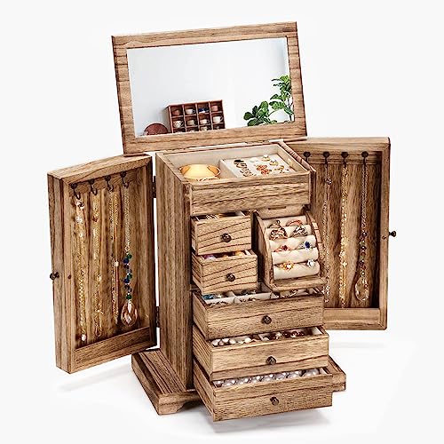 Yoimori Schmuckschatulle für Damen, rustikale Holz-Schmuckschatullen und Organizer mit Spiegel und Schubladen, 6-lagig, Schmuck-Organizer für Ringe, Ohrringe, Halsketten, Armbänder (karbonisiertes Yoimori Schmuckschatulle für Damen, rustikale Holz-Schmuckschatullen und Organizer mit Spiegel und Schubladen, 6-lagig, Schmuck-Organizer für Ringe, Ohrringe, Halsketten, Armbänder (karbonisiertes von Yoimori