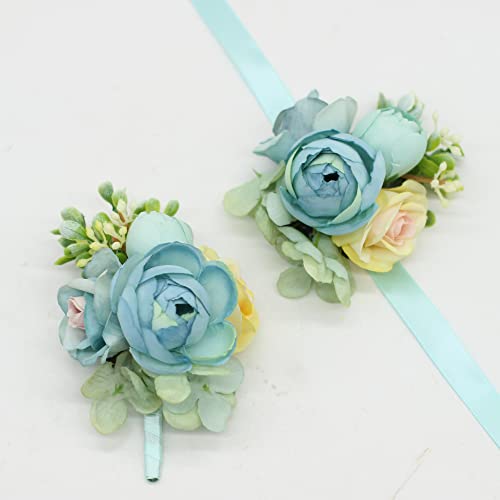 YOKOKE Corsage und Boutonniere Set, handgefertigte künstliche Pfingstrose, Rose, Handgelenk, Ansteckblume und Bräutigam, für Herren, Hochzeit, Abschlussball, Anzug, Dekorationen (blau) von Yokoke