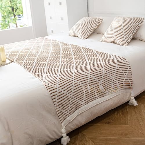 Yokqexz Doppelseitiger Bettläufer – Moderner Bettschal Mit Fransen, Dehnbarer Strickstoff, Hotel-Luxusdekor, Schutzschicht for Matratzen-Sofabezug(Brown,130x200cm) von Yokqexz
