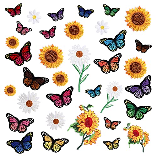 Bügelflicken 35 Stück Patches zum Aufbügeln Schmetterlings Sonnenblumen Blume Bestickter Aufnäher Flicken zum Aufbügeln für Jacken Rucksäcke Jeans Nähen Reparatur DIY von Yolev