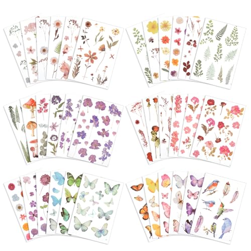 36 Blatt Scrapbook Stickers Blumen Schmetterlings Vögel Selbstklebende Fotoalbum Stickers Transparente PET Pflanzen Dekorative Aufkleber für Fotoalbum Journaling Scrapbooking DIY Zubehör von Yolev