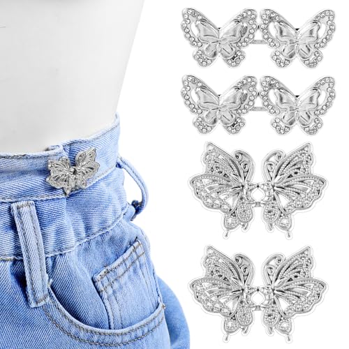 4 Sets Schmetterling Hosen Enger Machen Clip Hosen klammern Silber Jeans Hosenbund Enger Machen Clip Kein Annähen Eines Verschlussknopfes Nötig für Lose Hosen Kleidung Röcke von Yolev