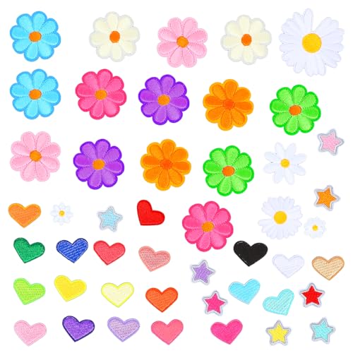 47 x Blumen-Aufnäher zum Aufbügeln, bunte Gänseblümchen, Sterne, Herz, Stickerei-Flicken für Kleidung, Rucksäcke, Jacken, Jeans, Hosen, Hüte, DIY-Zubehör 47 x Blumen-Aufnäher zum Aufbügeln, bunte Gänseblümchen, Sterne, Herz, Stickerei-Flicken für Kleidung, Rucksäcke, Jacken, Jeans, Hosen, Hüte, DIY-Zubehör von Yolev