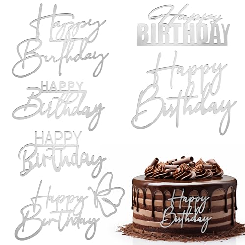 6 Stück Happy Birthday Tortendeko Silber Cake Topper Geburtstag Tortenaufsätze Happy Birthday Acryl Kuchenaufsätze Tortenschilder Besondere Tortenaufsätze zum Happy Birthday Cake Topper Geburtstag von Yolev
