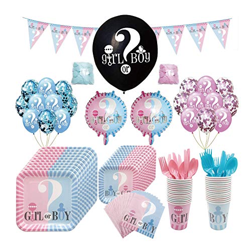 Yolispa Baby Reveal Ballon Party Supplies, Boy oder Girl Geschlecht enthüllen Dekorationen und Geschirr Set, rosa und Blaue Luftballons, Teller, Banner - 151 Stück Party Pack von Yolispa