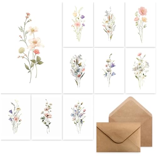 10 Sets Dankeskarten mit Umschlag, A6 Blume Klappkarten Blanko mit Wildblumen-Motiv, Danke Karten mit Umschlägen zum Selbstgestalten, Dankeschön Karte Grußkarten für Lehrer, Kollegen Freunde von Yoljun