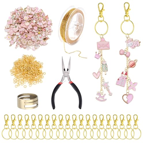 173 Stück DIY Schlüsselanhänger Set, Selber Machen mit Rosa Charms und Karabinerhaken, Klein Keychain Making Kit Metallringe zum Basteln, Schlüsselringe Edelstahl für Handarbeitsbegeisterte Mädchen von Yoljun