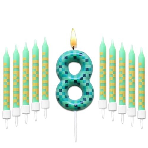 Geburtstagskerzen Zahlen 8, 11 Stück Pixel Geburtstagskerzen Kerze, Grün Geburtstagskerzen Zahlen, Game Tortendeko Zahlenkerze für Mädchen Jungen, Kinder Geburtstagskerzen Torteparty Deko von Yoljun