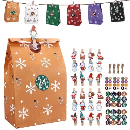 Adventskalender zum Befüllen Kinder, Yomisee 24 Weihnachtskalender Papiertüten Groß zum Selber Befüllen mit Aufkleber DIY Kraftpapiertüten Adventskalender Tüten zum Selbstbefüllen von Yomisee